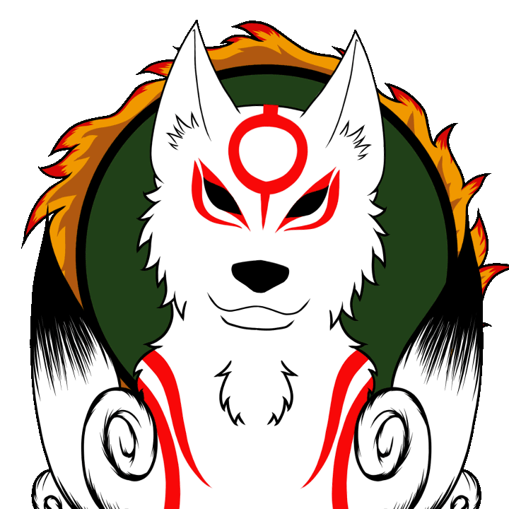 A gif of a VTuber rig of Amaterasu from Okami with a rotating sun disk in the background