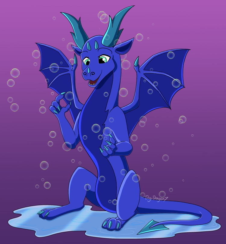 A dark blue lithe dragon playing with bubbles in a puddle