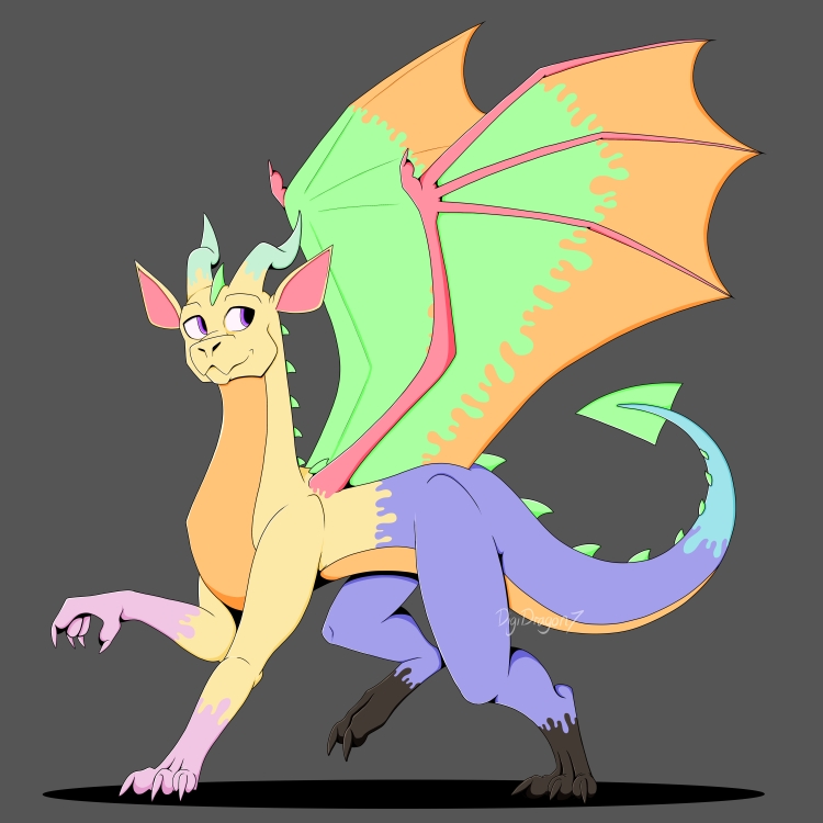 A dragon that is yellow, green, black, blue, purple, pink and orange, all patched together