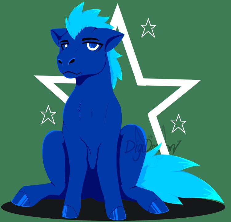 A dark blue pony character sat looking grumpily at the viewer, he has a lighter blue mane.