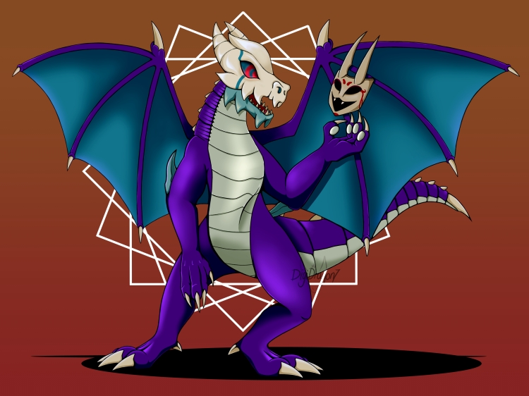 My girlfriend's dragon sona, who is purple with a bone coloured belly and large batwings. They have a skull like head and spikes on their elbows. They are holding the mask of my girlfriends primary sona Inaudible