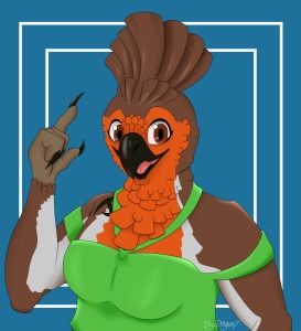A Profile picture style bust of my partner's sona Lil, pointing to their raised head feathers, while wearing a green top, against a blue background with two white square outlines