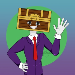 A humanoid character wearing a purple suit with a red tie and white hands. Her head is a mimic chest with eyes and mouth on the front.