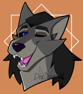 A wolf head winking and grinning at the viewer. He has long black hair and a blue eye against a black eyeball.