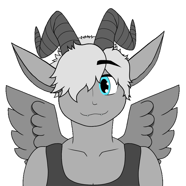 A greyscaled humanoid bust of a character with long ears, goat horns, feathered wings, and blue eyes