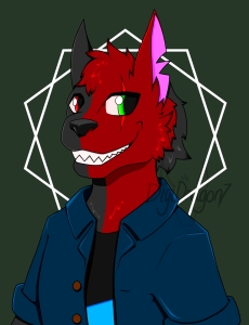 An anthro dog-ish like character that is half red and half dark brown grinning at the viewer. The dark brown side has a red eye, while the red side has a green eye, with a scar over it. The character is wearing a blue open shirt, with a black t-shirt underneath