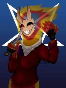 A ghost character wearing a red jumper with flames for hair and a horned mask for a face.